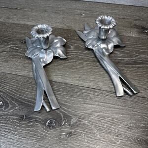 Bruce Fox Daffodil Candleholders Design Pewter Metal Modern Set Kitsch 10” ~Pair